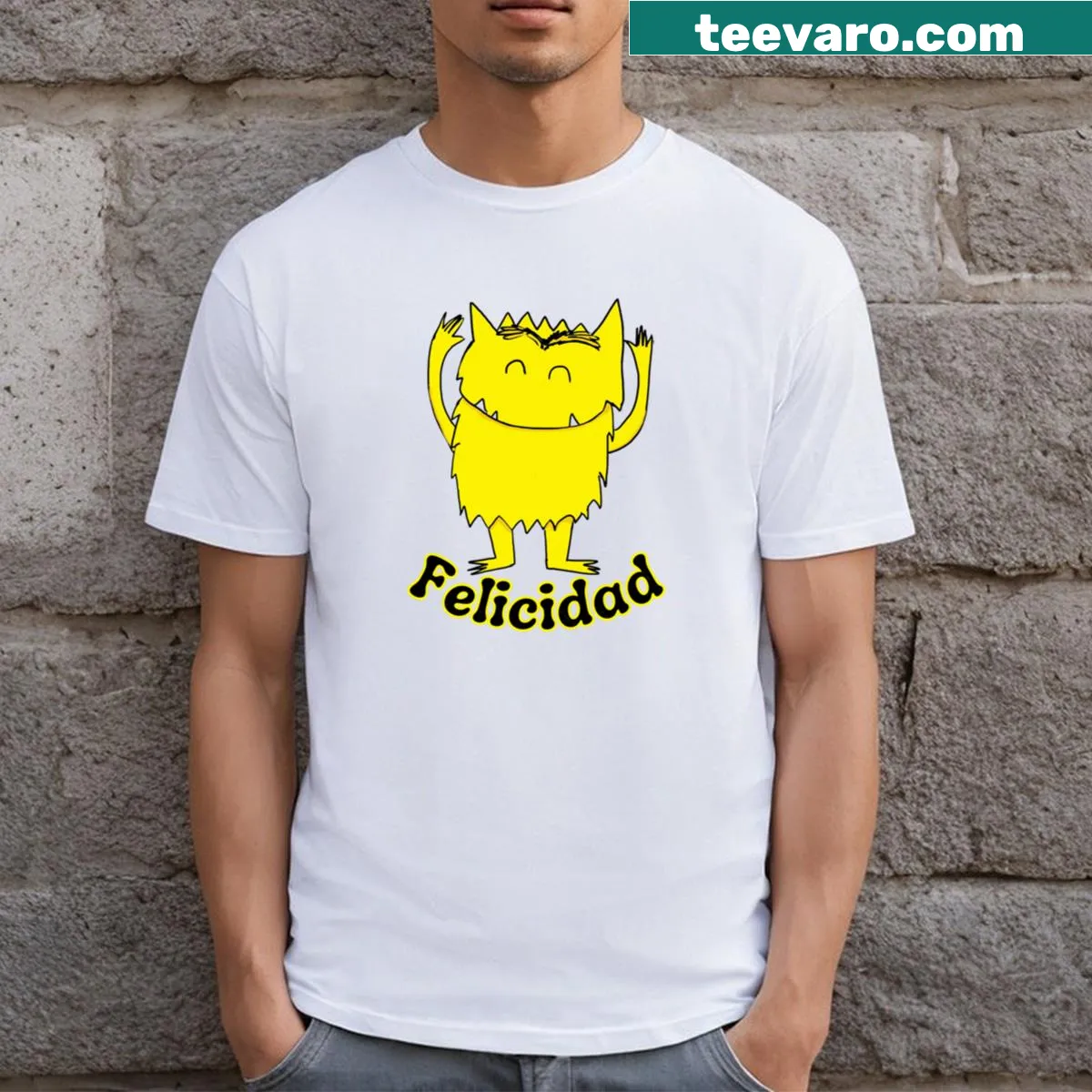 Playful text design of 'Felicidad' on a T-shirt — on a men's t-shirt