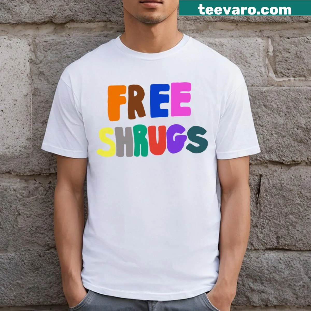 T-shirt with humorous text saying 'Free Shrugs'. — on a men's t-shirt