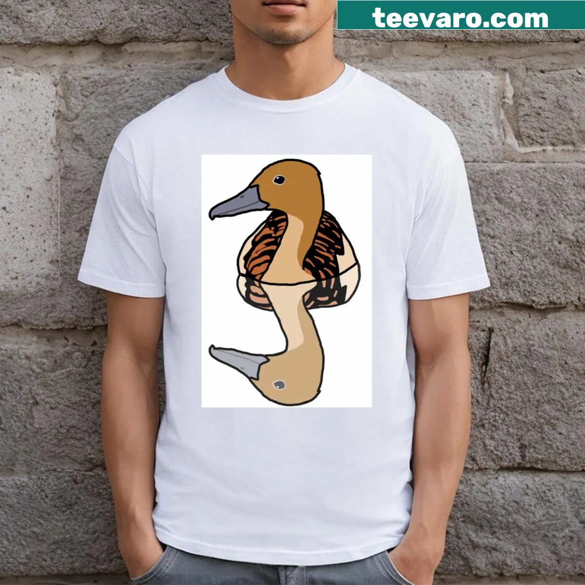 T-shirt featuring an illustration of a Fulvous Whistling Duck. — on a men's t-shirt