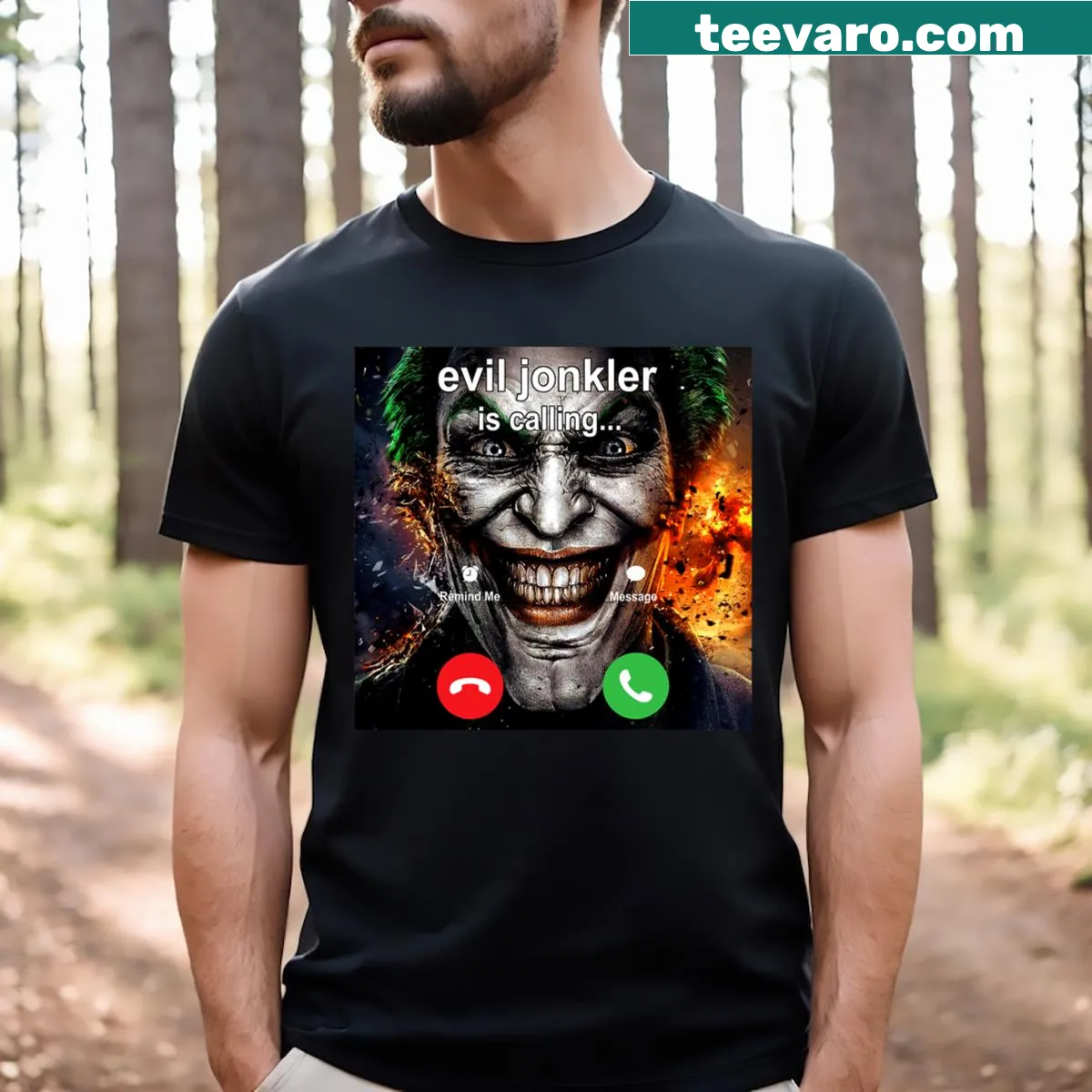 Humorous Evil Jonkler Halloween T-shirt with whimsical character graphic. — on a men's t-shirt