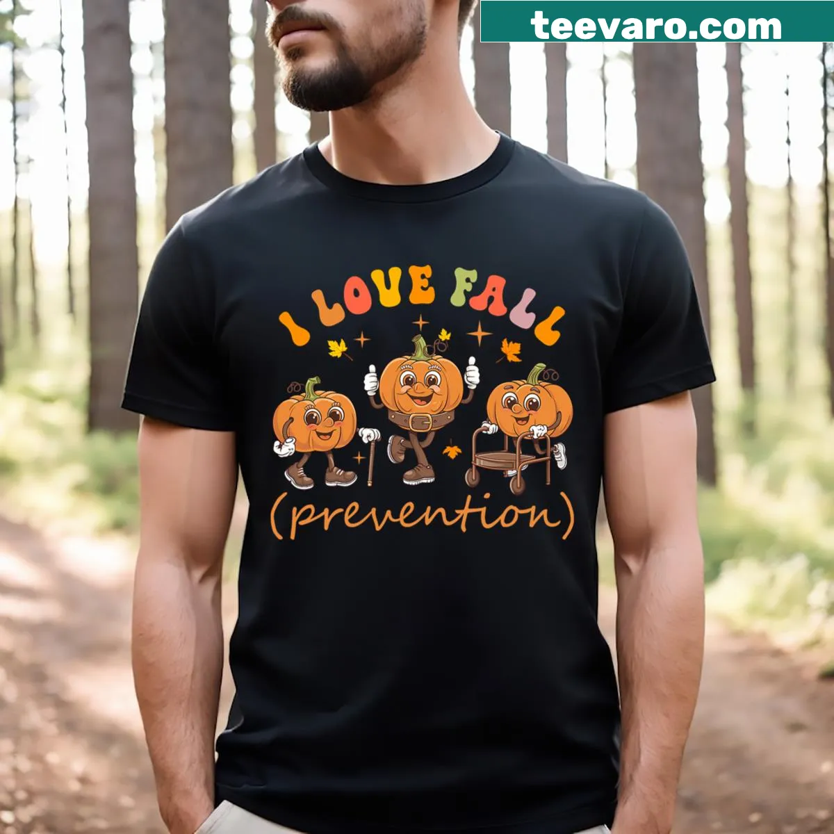 Thanksgiving-themed shirt with pumpkins and fall prevention humor — on a men's t-shirt