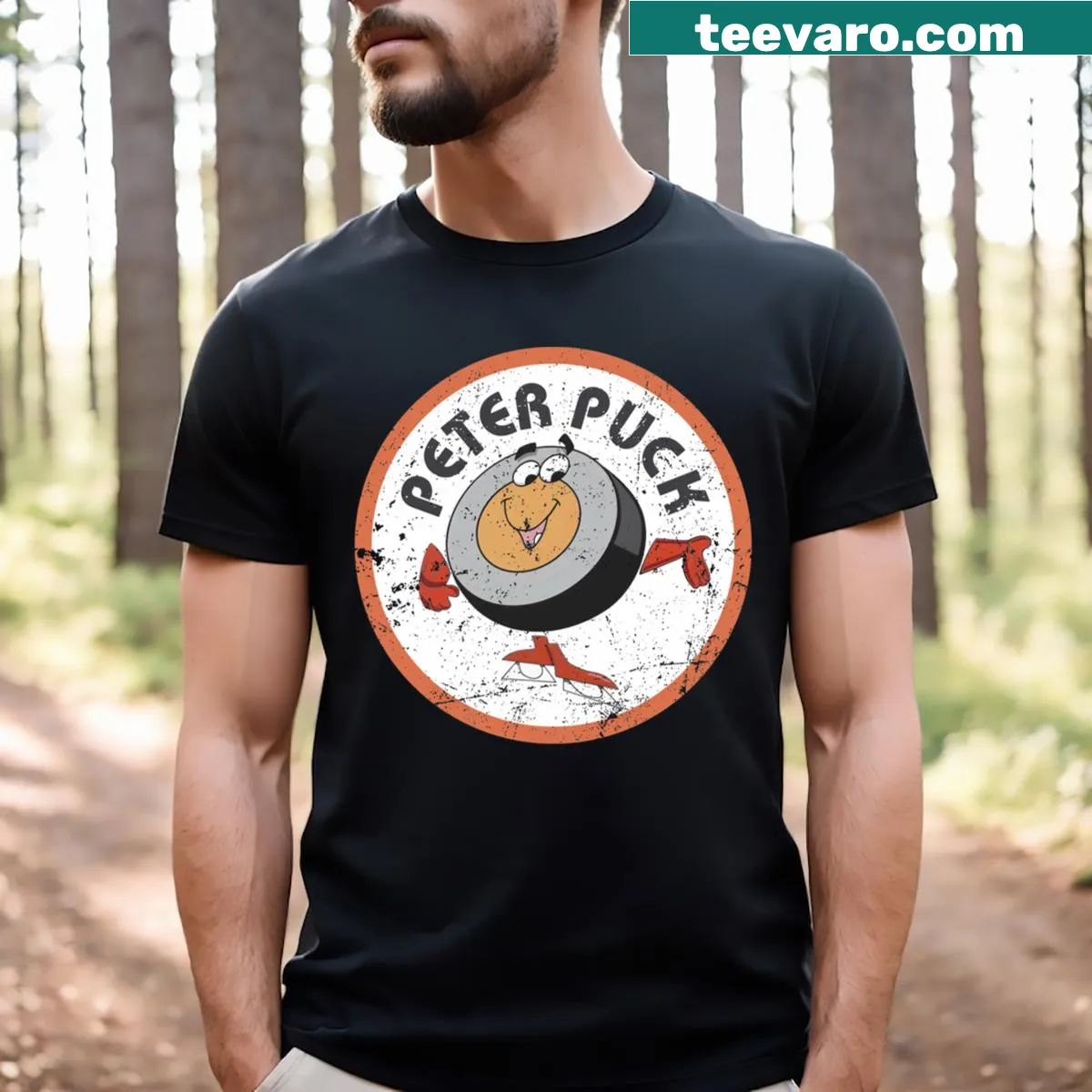 Cartoon hockey puck named Peter in a humorous design — on a men's t-shirt