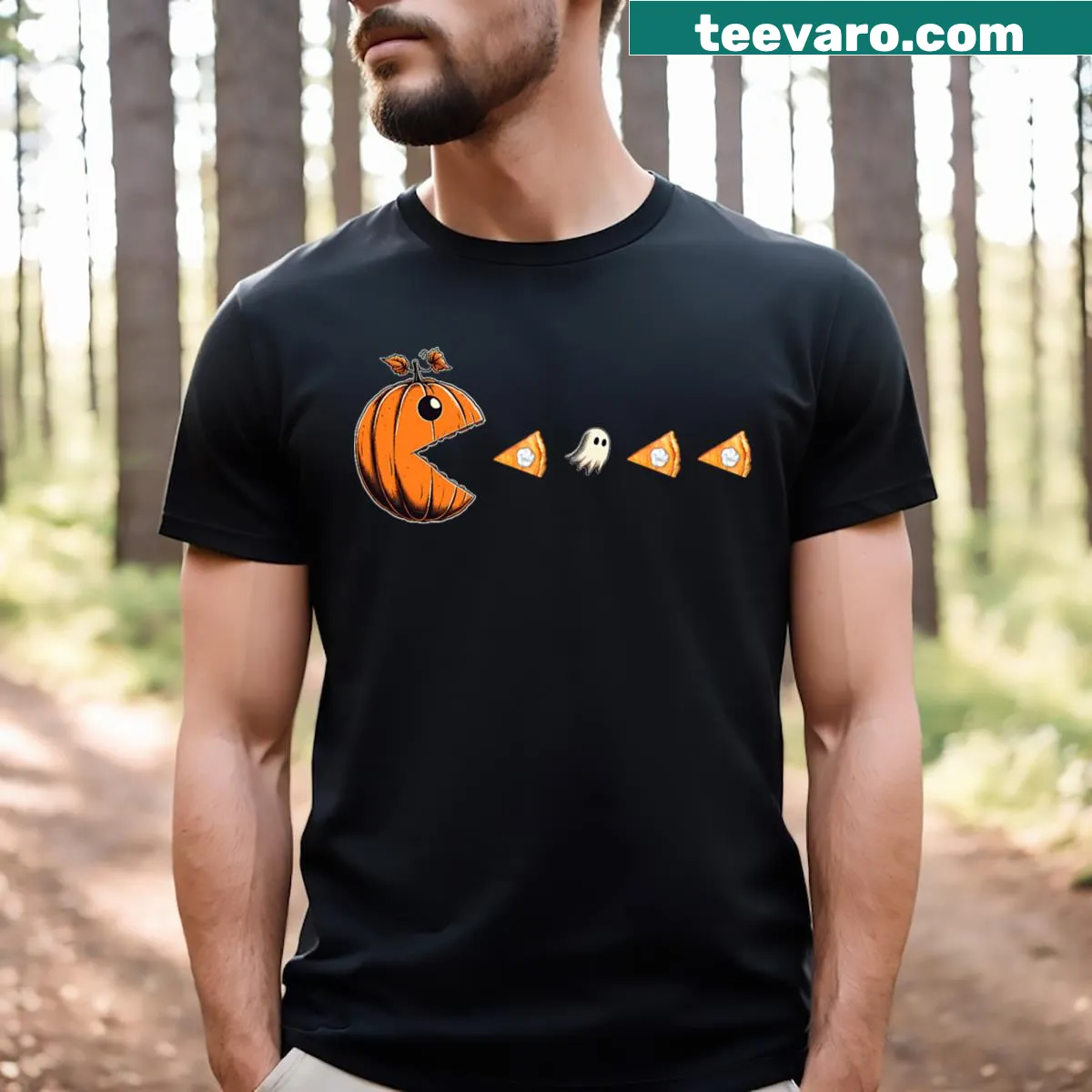 Cartoon ghost eating pumpkin pie for gamers — on a men's t-shirt