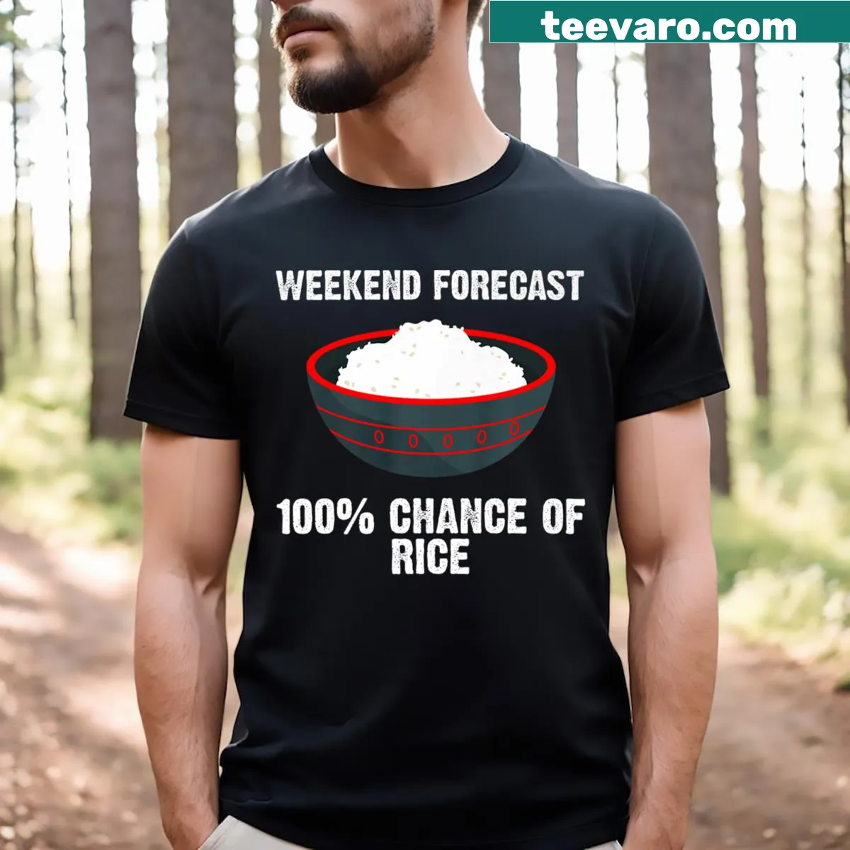 Graphic tee featuring humorous rice art design — on a men's t-shirt