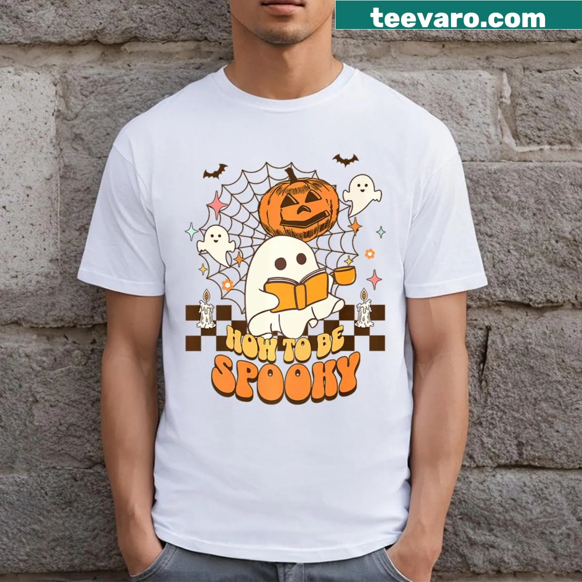 Funny Halloween T-shirt with a ghost and coffee for teachers — on a men's t-shirt