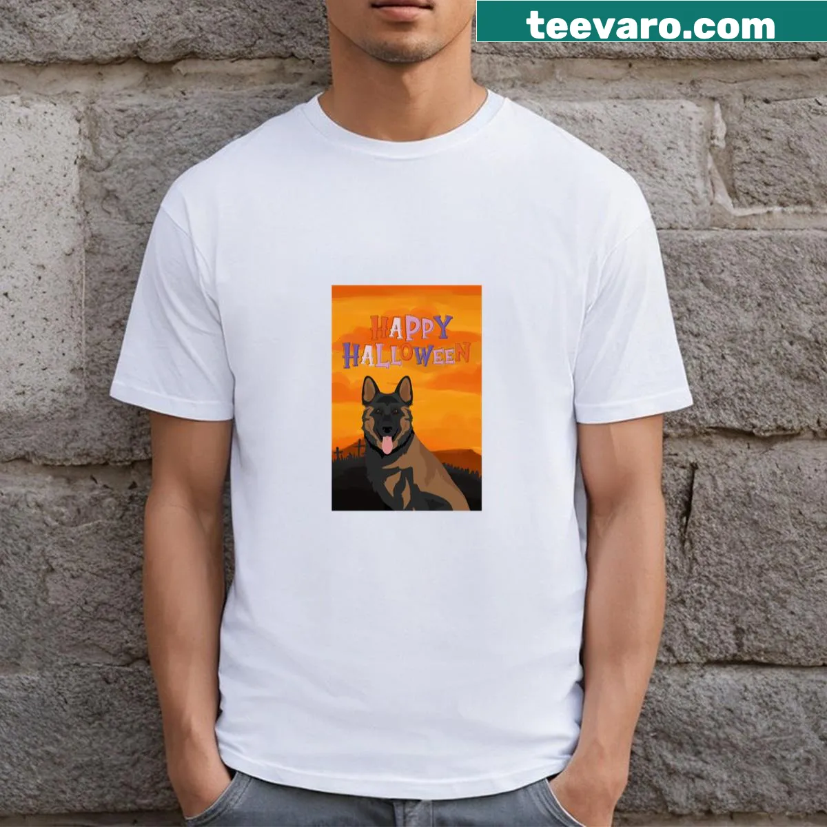 Cute Halloween T-shirt with German Shepherd illustration — on a men's t-shirt