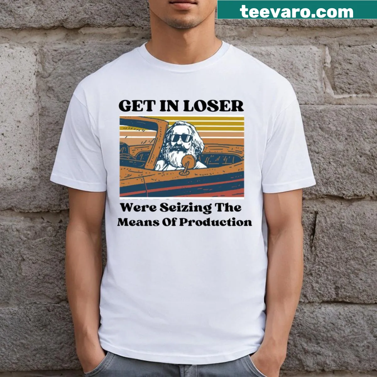 Humorous T-shirt with a playful socio-political saying — on a men's t-shirt