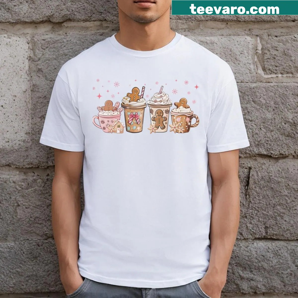 Festive t-shirt featuring gingerbread and coffee illustrations. — on a men's t-shirt