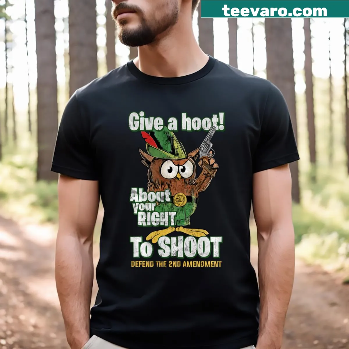 Humorous T-shirt with the phrase 'Give A Hoot!' and nature theme — on a men's t-shirt