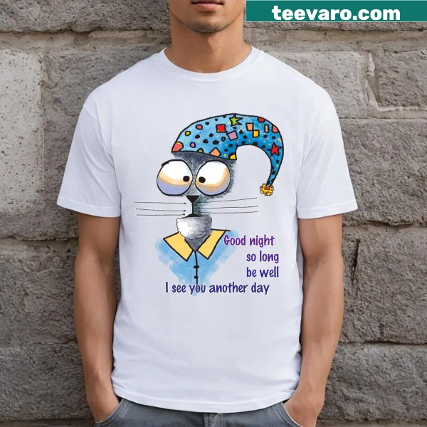 Charming Good Night Cat T-shirt featuring a sleeping feline illustration