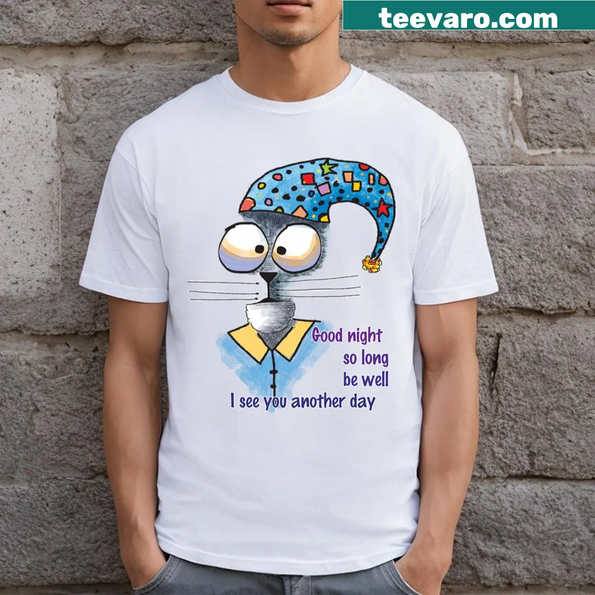 Charming Good Night Cat T-shirt featuring a sleeping feline illustration — on a men's t-shirt