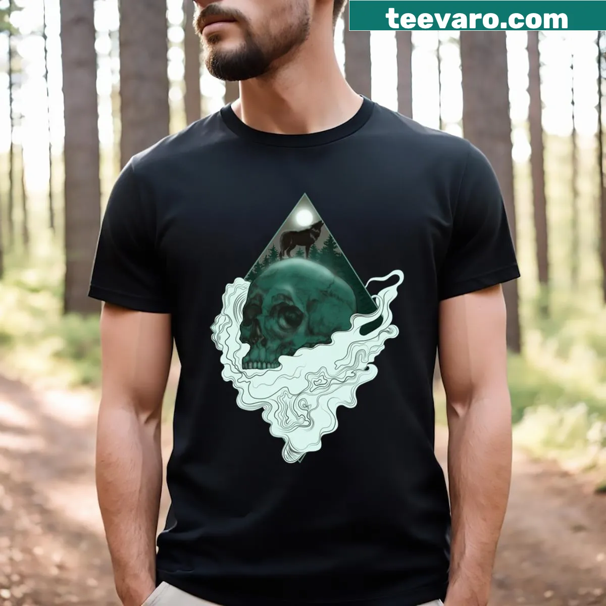 Bold green skull graphic T-shirt — on a men's t-shirt