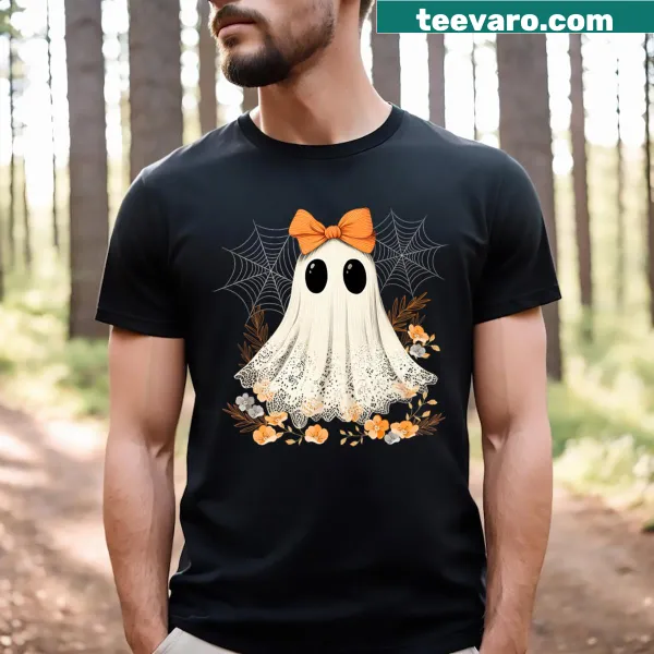 Elegant ghost illustration with lace and flowers on a t-shirt.