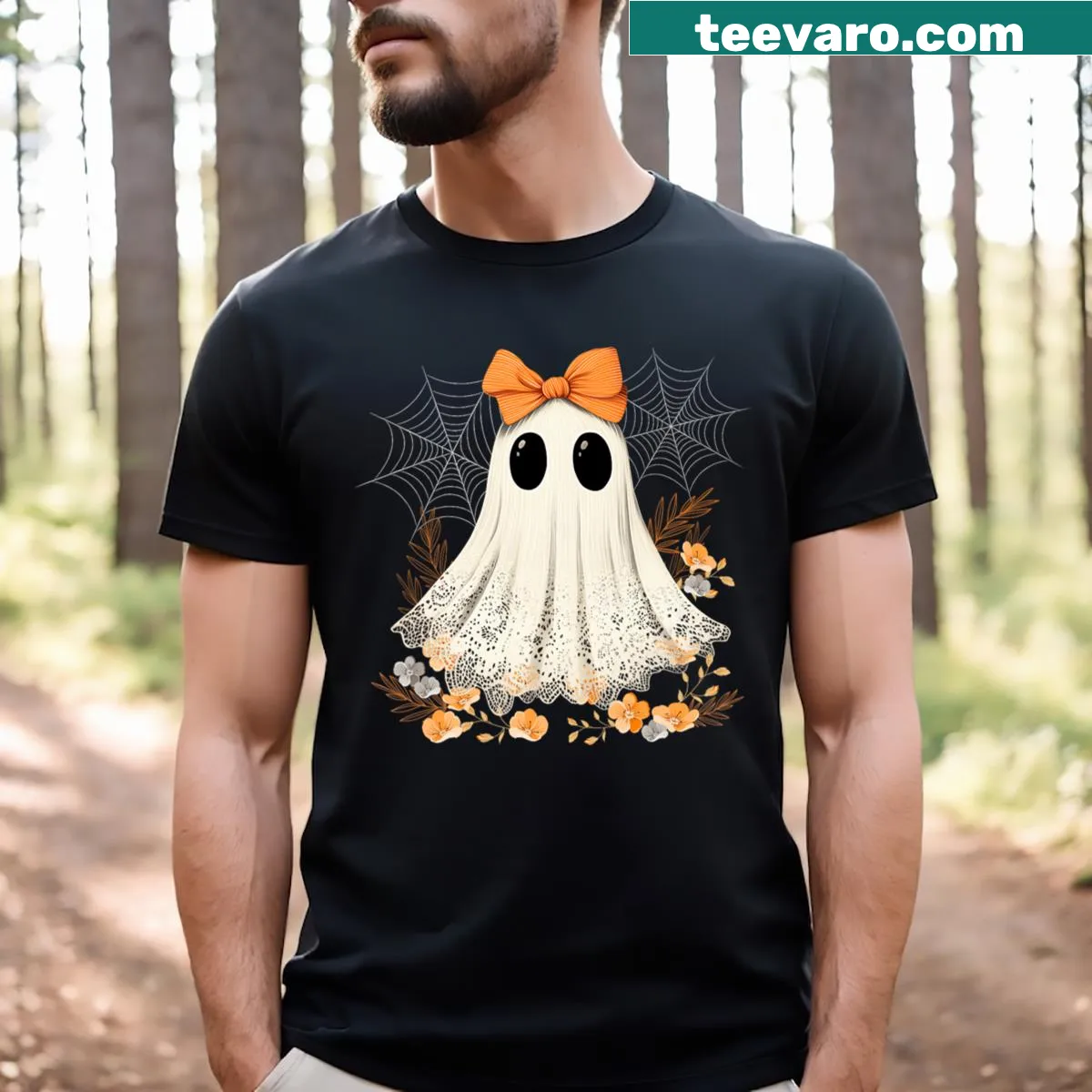 Elegant ghost illustration with lace and flowers on a t-shirt. — on a men's t-shirt