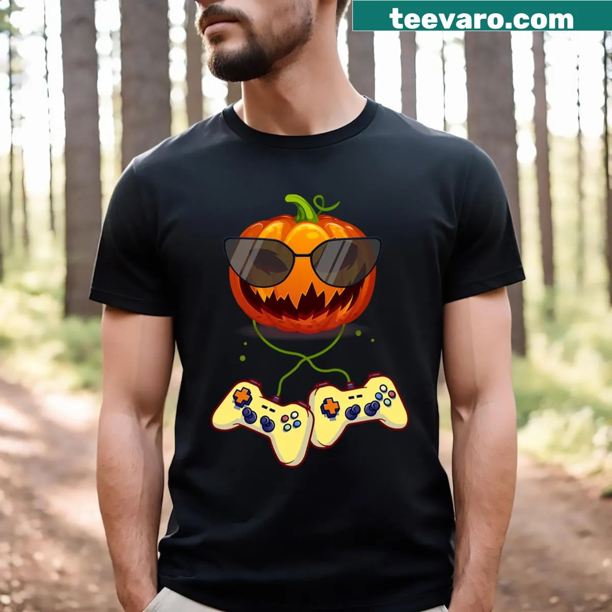 Fun gamer-themed Halloween shirt with a jack-o'-lantern — on a men's t-shirt