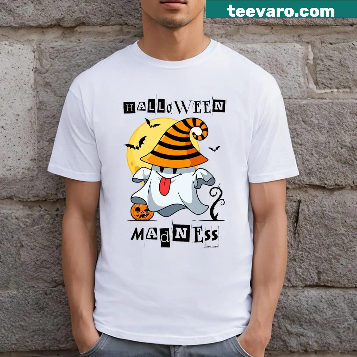 Happy Halloween T-shirt with playful graphic and bold text — on a men's t-shirt