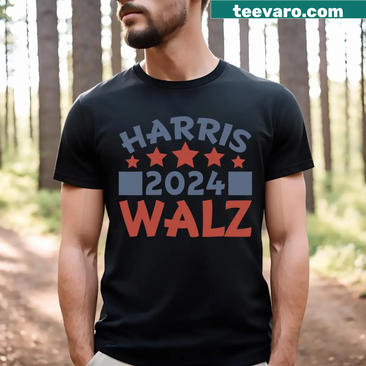 Political T-shirt promoting Harris Kamala Tim Waltz 2024 — on a men's t-shirt