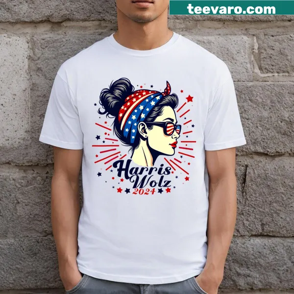T-shirt with American flag design and the names Harris and Kamala for election support.