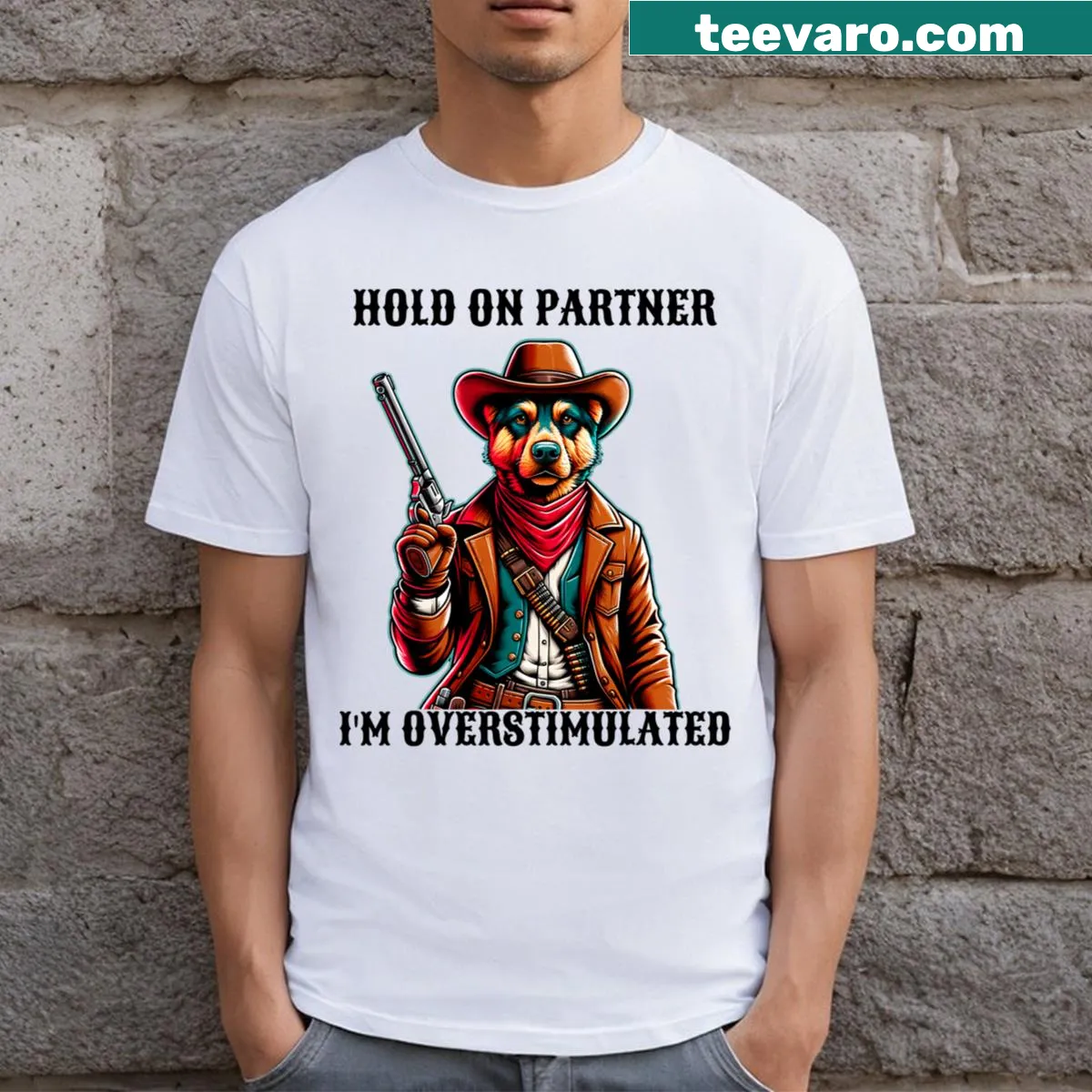 Vintage-style T-shirt with cowboy dog graphic and funny text — on a men's t-shirt