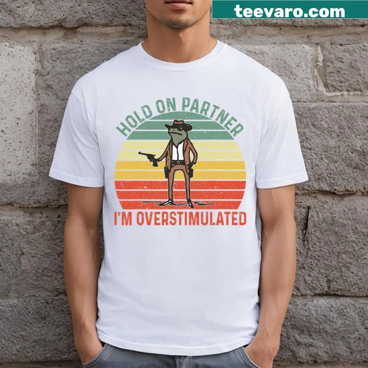 Funny retro t-shirt with cowboy frog graphic — on a men's t-shirt
