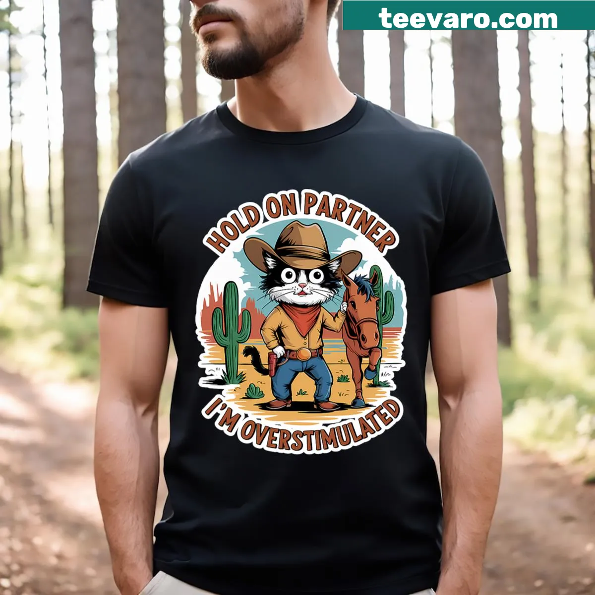 Funny T-shirt with western cat graphic and humorous slogan — on a men's t-shirt