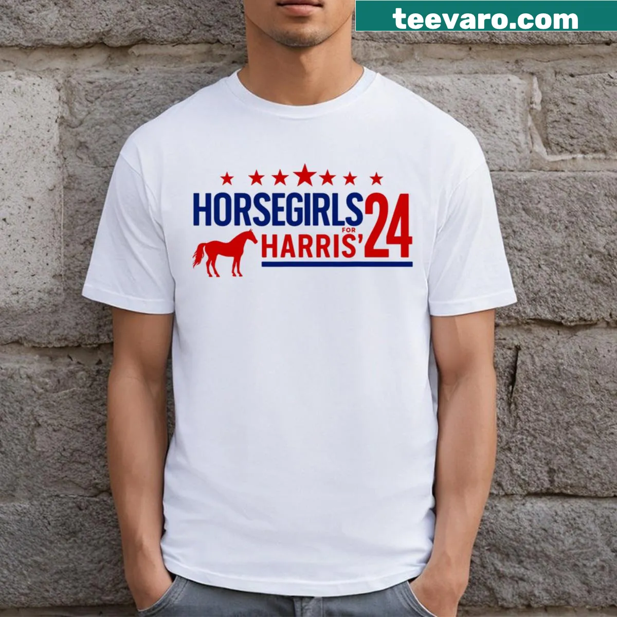 T-shirt with 'Horse Girls For Harris 24' text — on a men's t-shirt