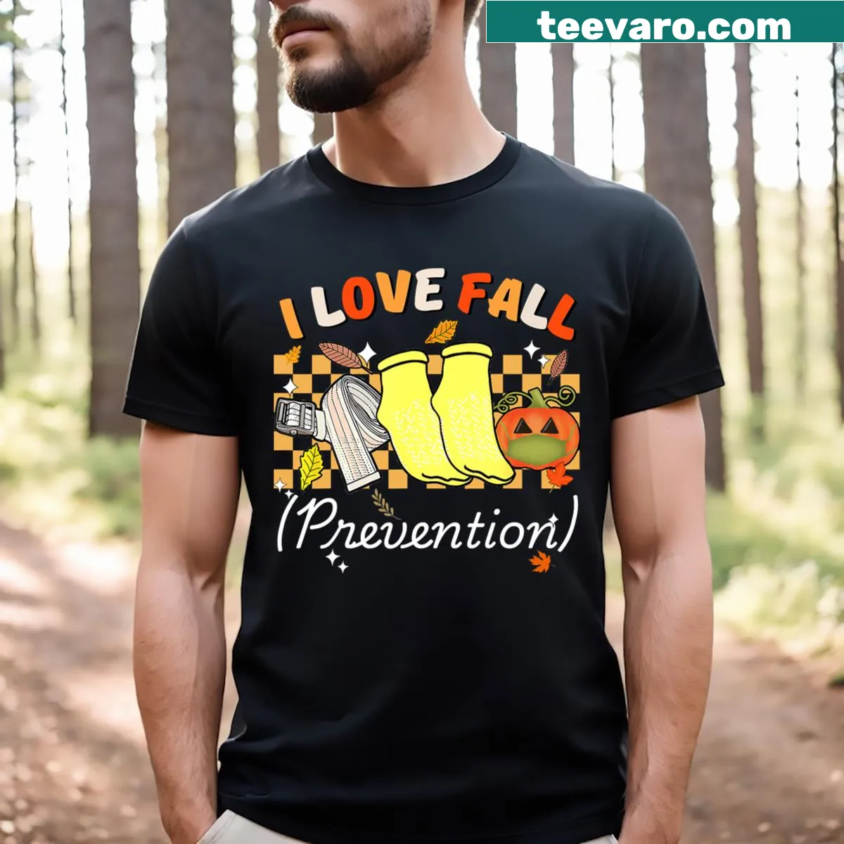 Informative t-shirt promoting fall prevention awareness — on a men's t-shirt