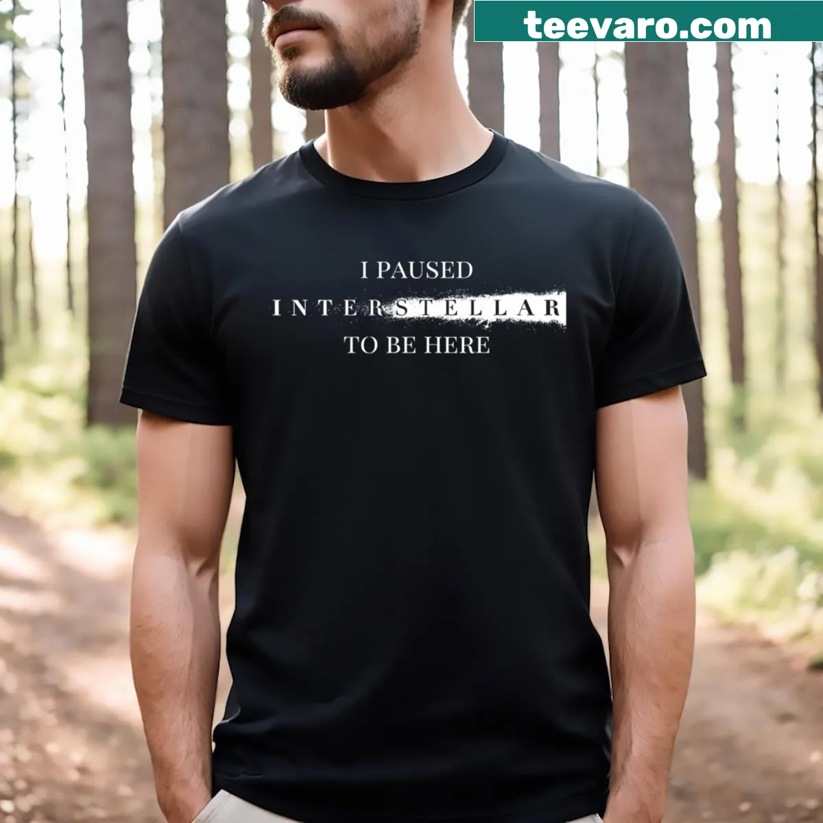 Typography T-shirt referencing Interstellar film with bold text — on a men's t-shirt