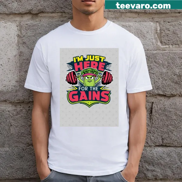 Fitness-themed T-shirt with a motivational quote about gains