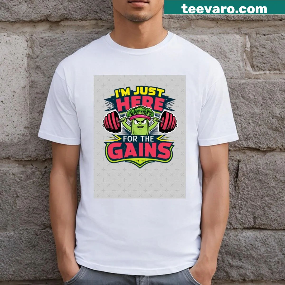Fitness-themed T-shirt with a motivational quote about gains — on a men's t-shirt