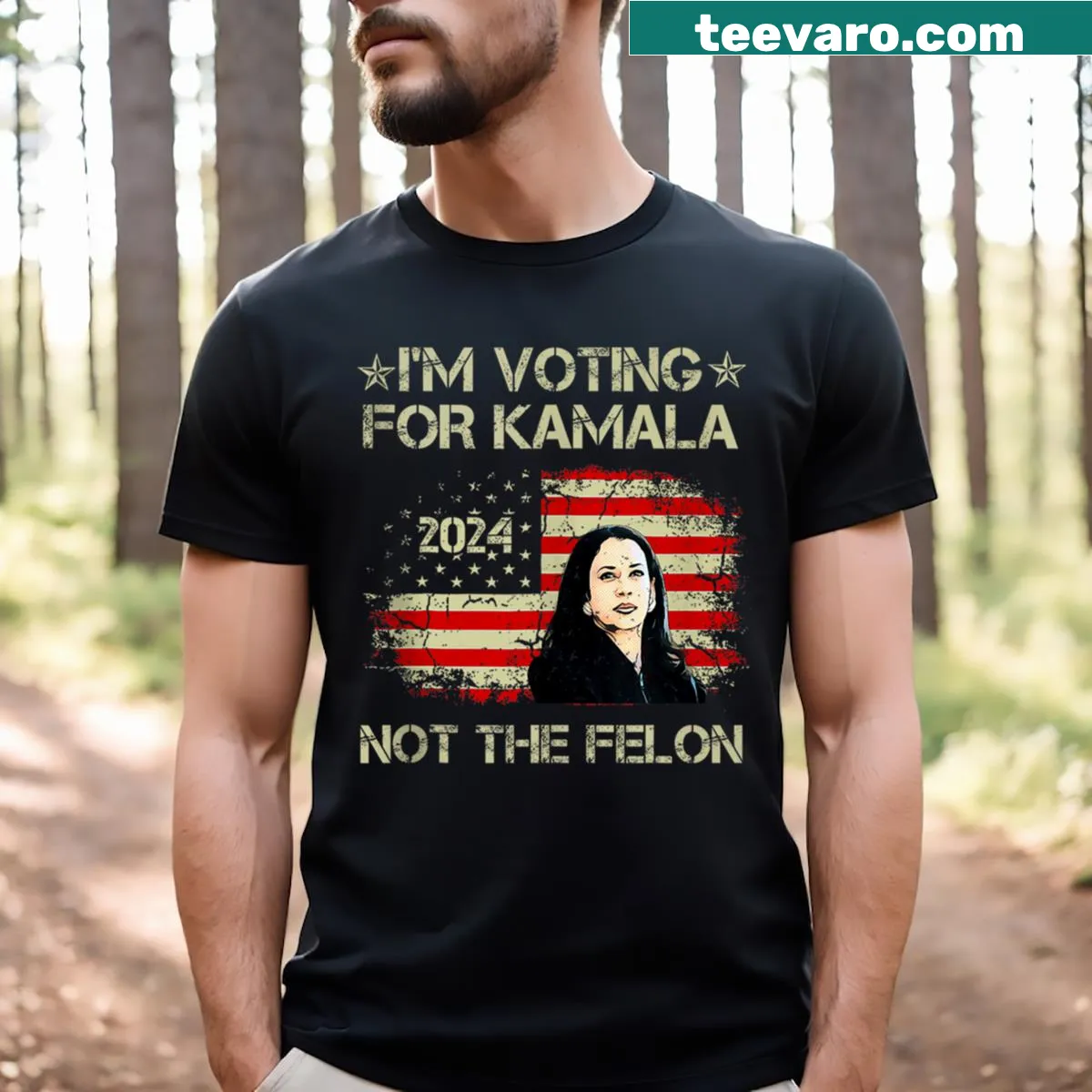 Patriotic t-shirt supporting Kamala Harris 2024 — on a men's t-shirt