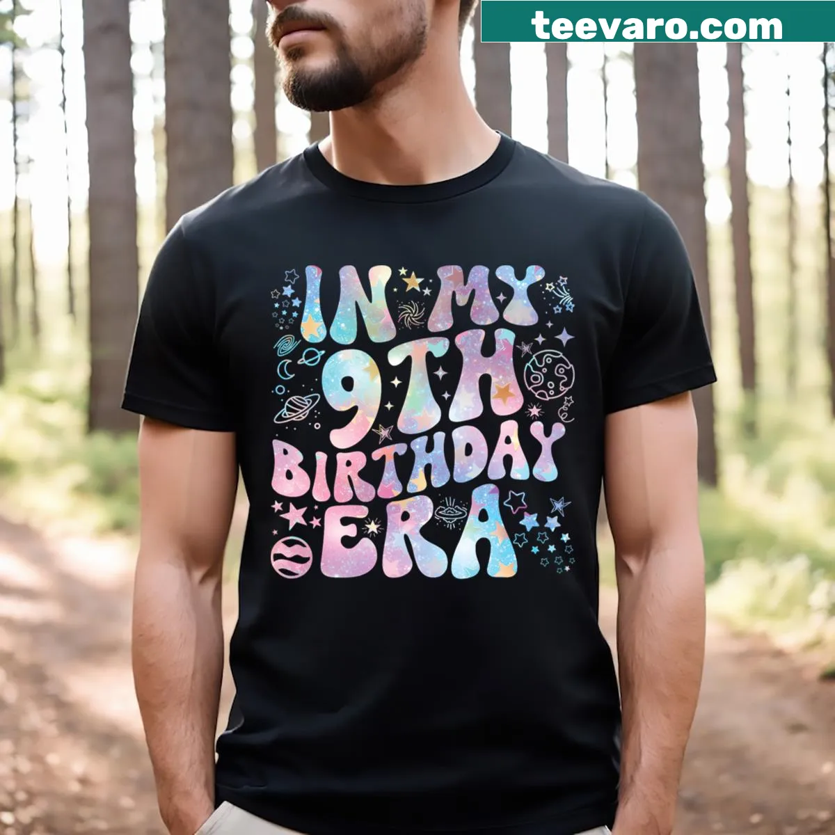 Illustrative galaxy design for 9th birthday — on a men's t-shirt