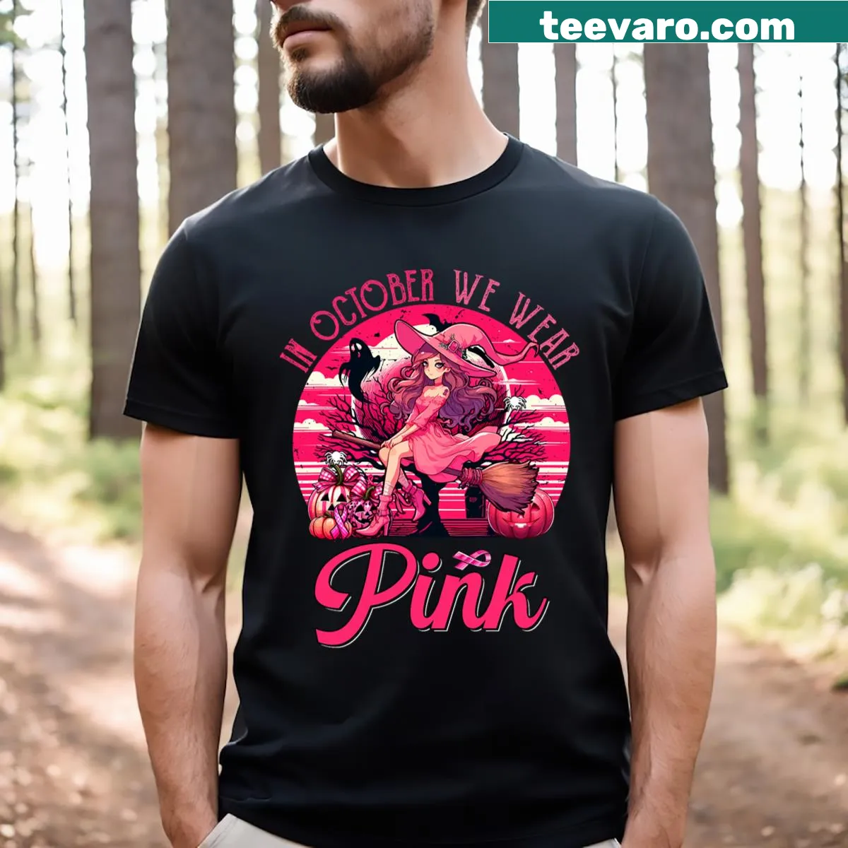 Witch graphic with pink ribbon for breast cancer awareness on t-shirt — on a men's t-shirt