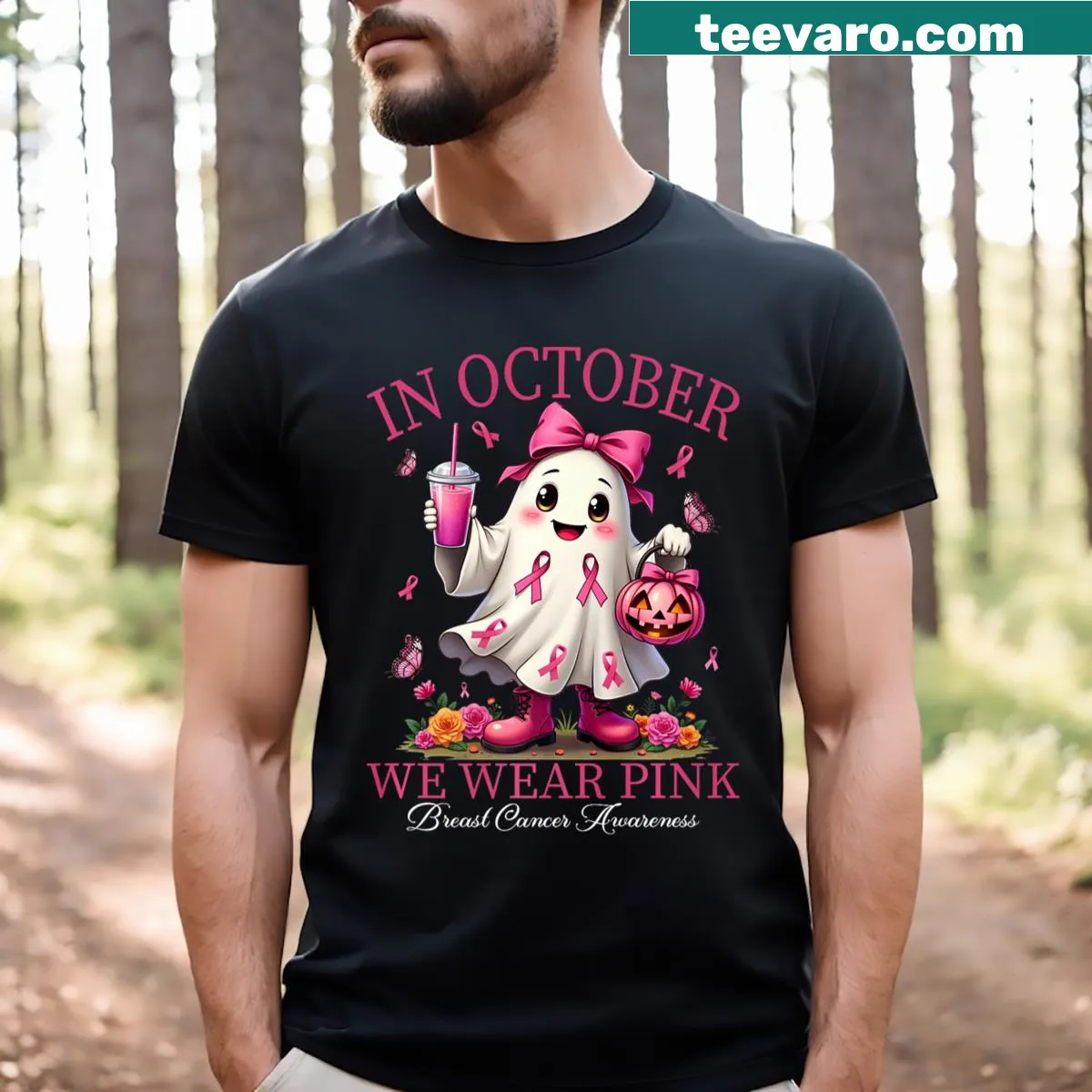 Breast cancer awareness t-shirt with pink ghost — on a men's t-shirt