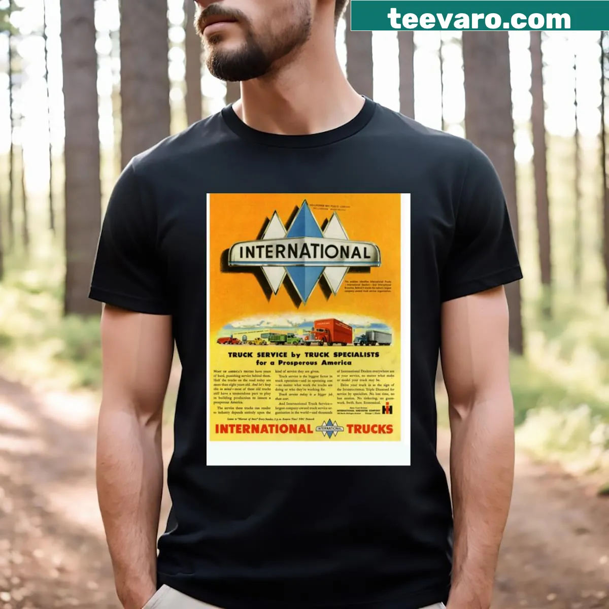 T-shirt featuring International Trucks graphic — on a men's t-shirt
