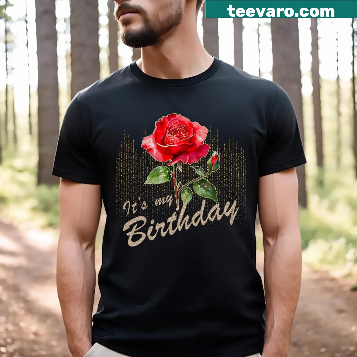 Cute birthday T-shirt with a graphic of a red rose — on a men's t-shirt
