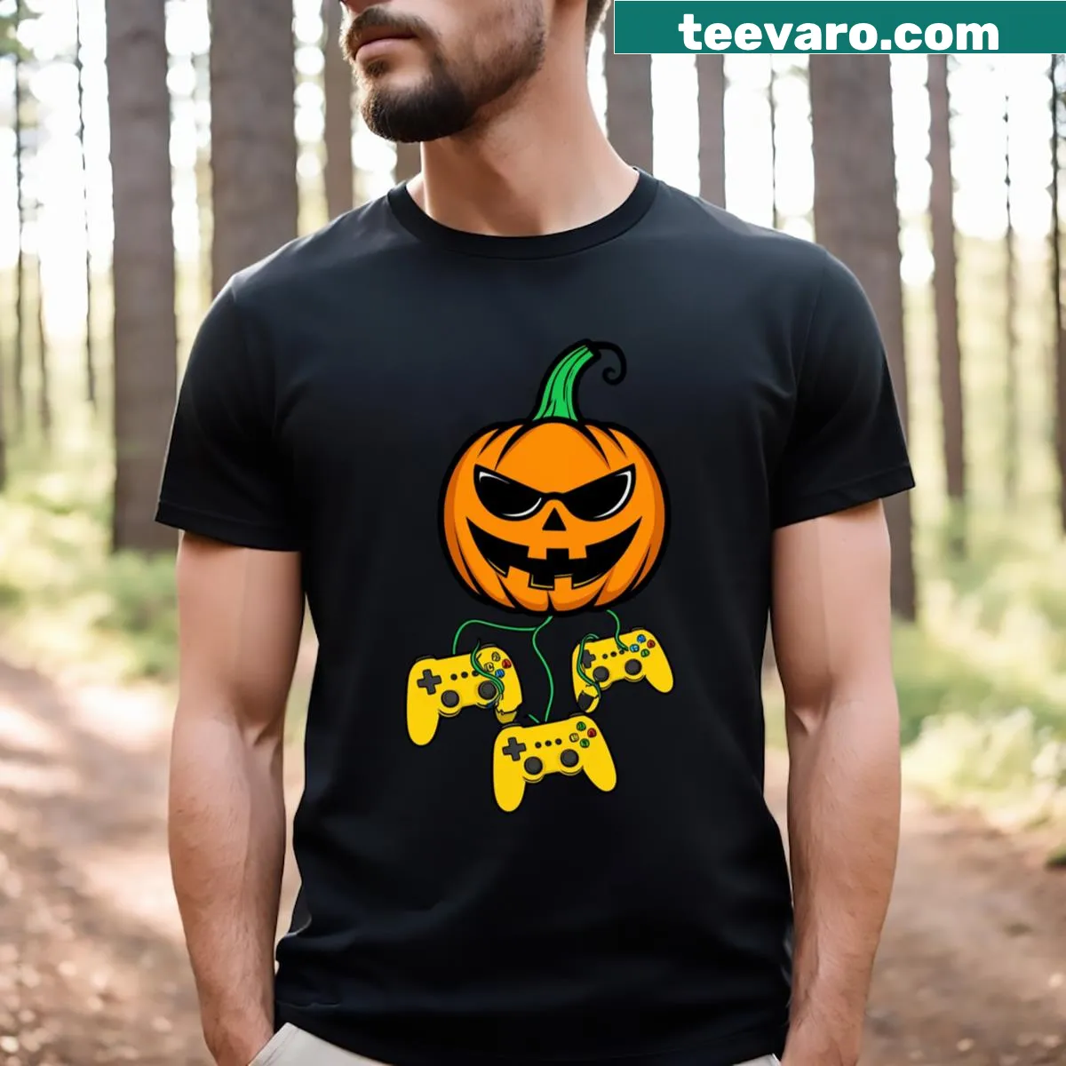 Funny jack-o-lantern gaming t-shirt with playful Halloween graphics — on a men's t-shirt
