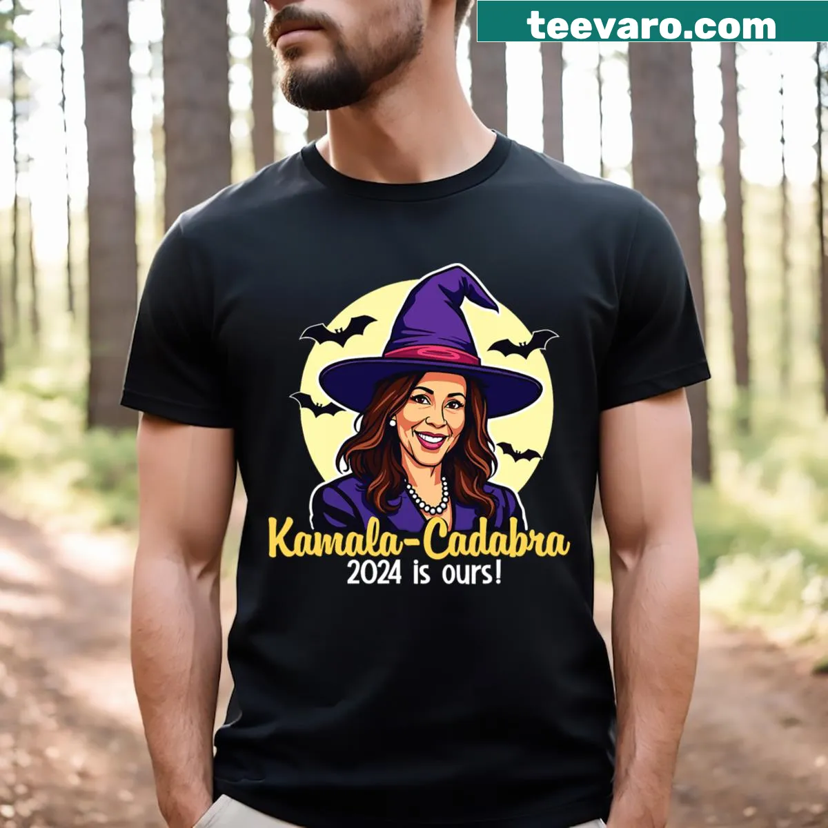 Funny Kamala-themed T-shirt with a witch design for Halloween — on a men's t-shirt