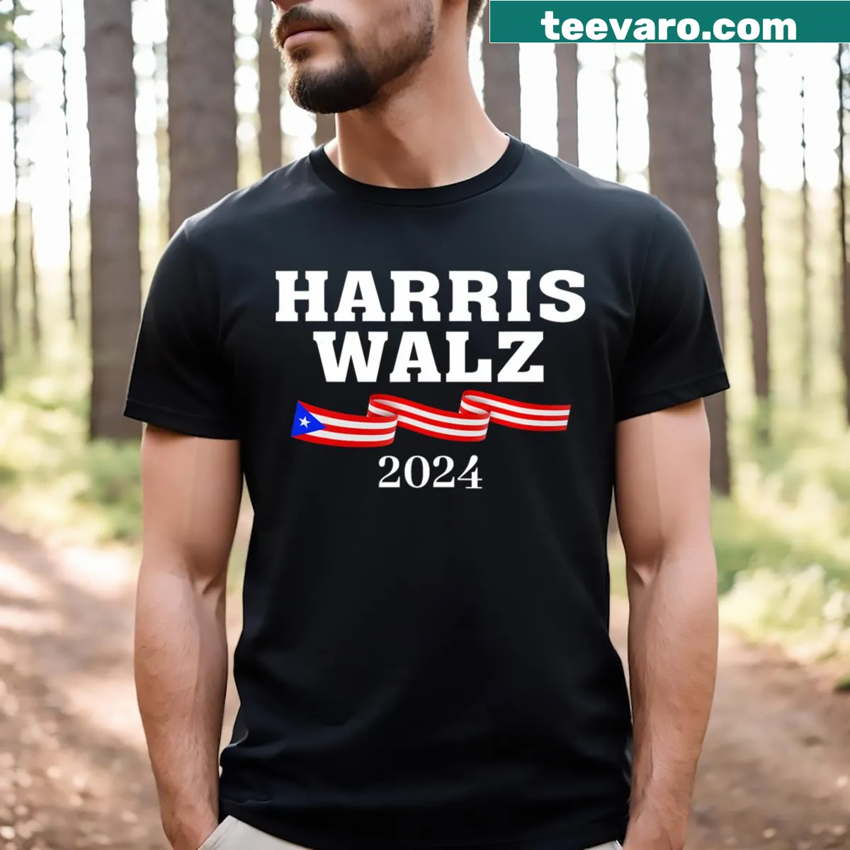 Playful design with Kamala Harris and Tim Walz themes — on a men's t-shirt