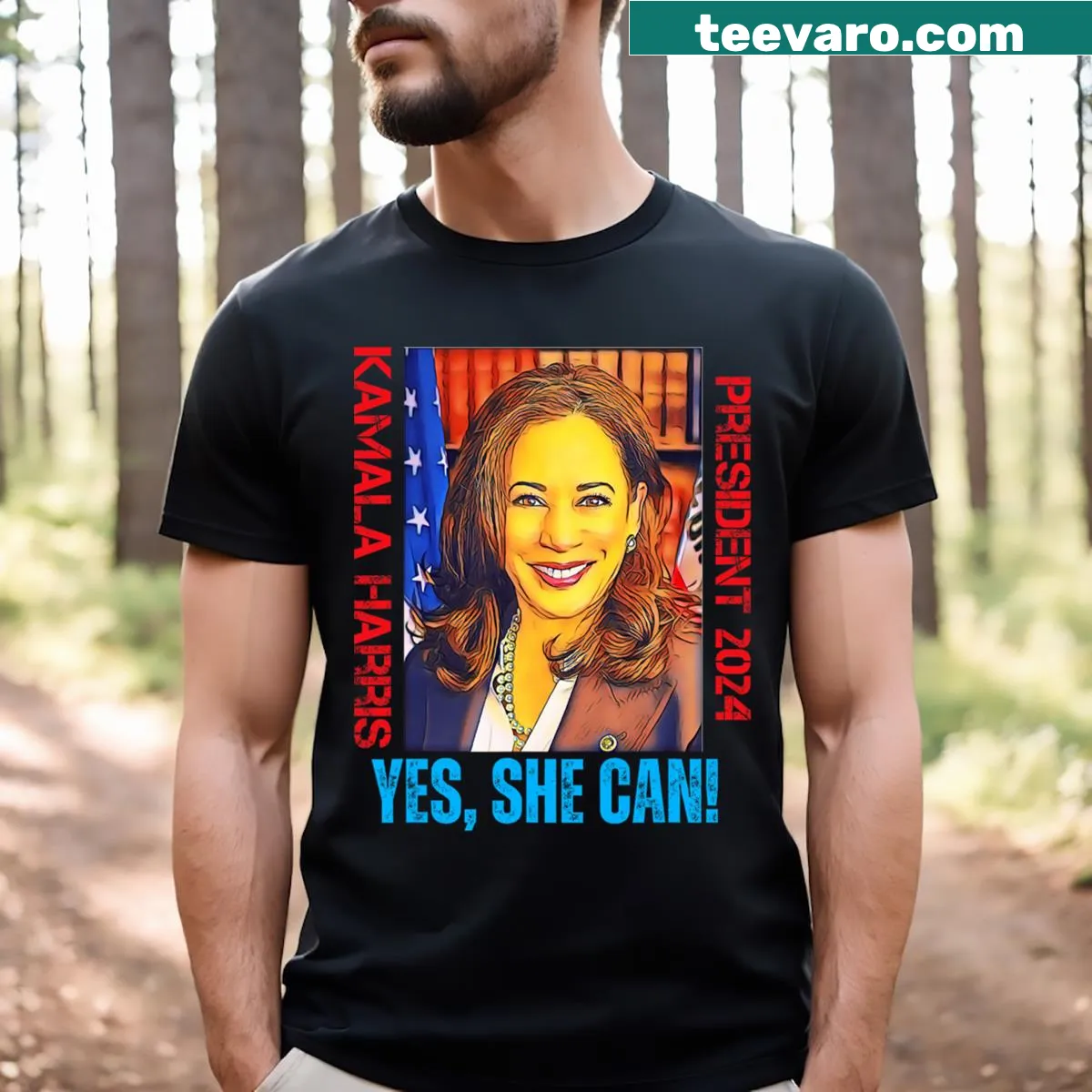 Pop art Kamala Harris T-shirt with 'Yes She Can' slogan and vibrant graphics — on a men's t-shirt