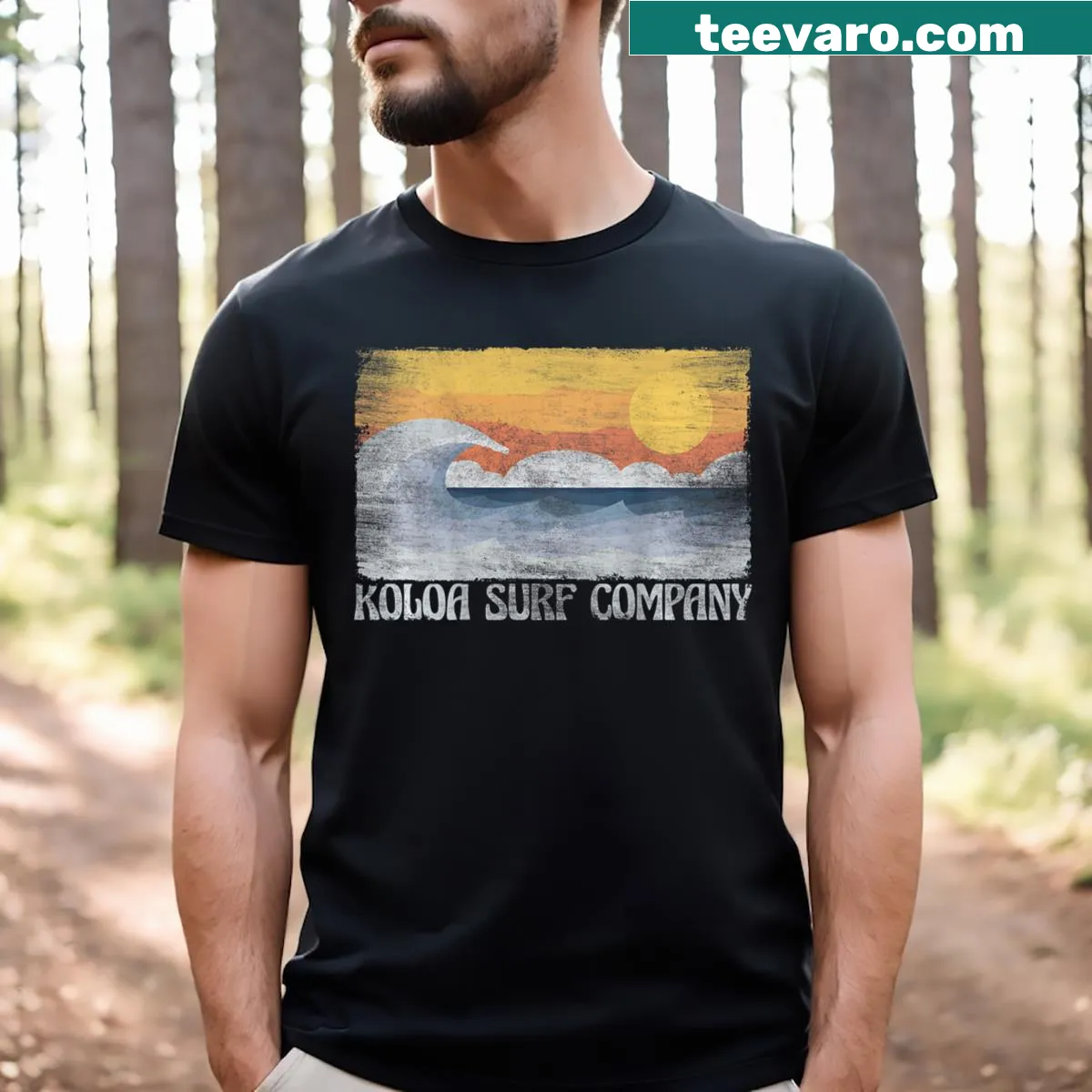 Cartoon logo T-shirt representing Koloa surf beach vibes — on a men's t-shirt