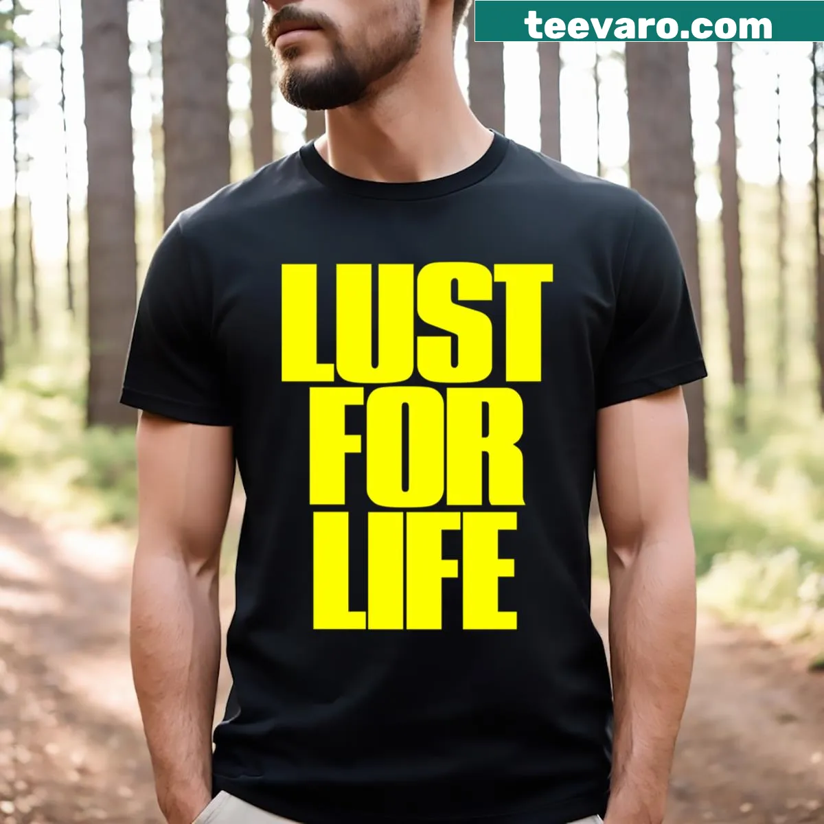 Bold Lust For Rock typography T-shirt — on a men's t-shirt