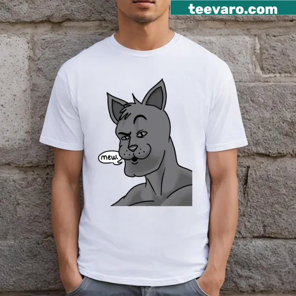 Cartoon cat mewing graphic on a T-shirt