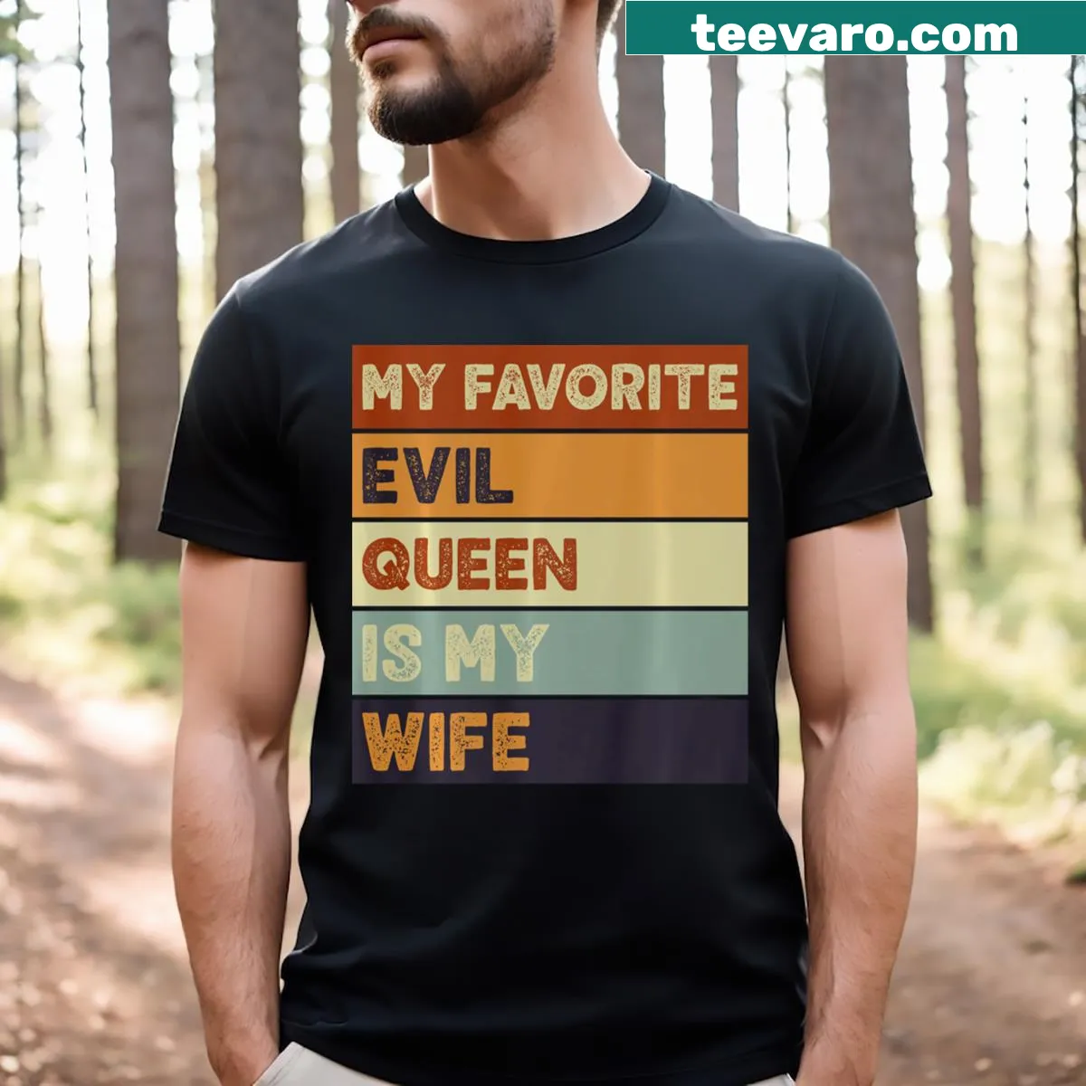 Humorous Halloween shirt stating 'My Favorite Evil Queen Is My Wife' in whimsical typography — on a men's t-shirt