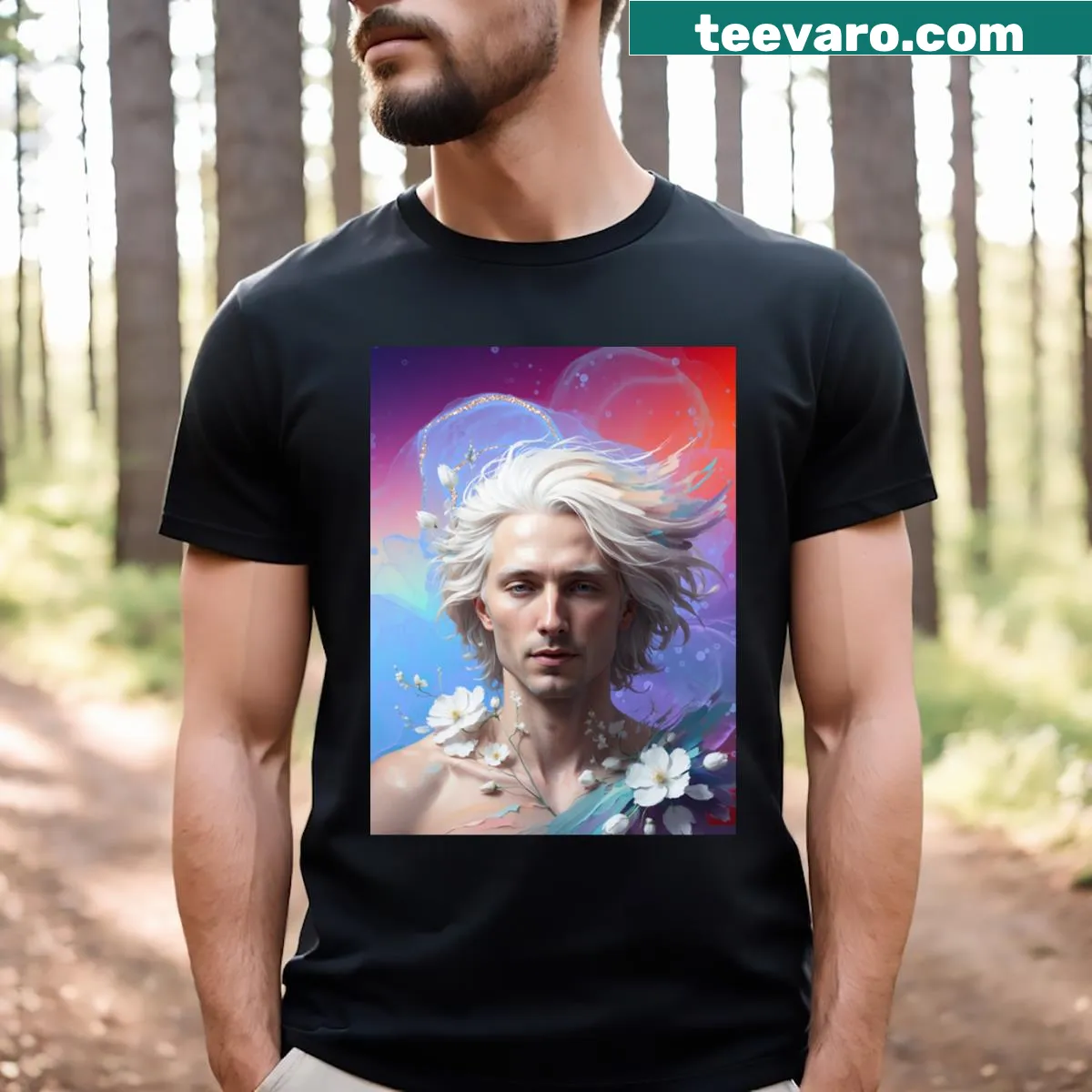 Illustrative T-shirt featuring a guardian figure in a mystical setting — on a men's t-shirt