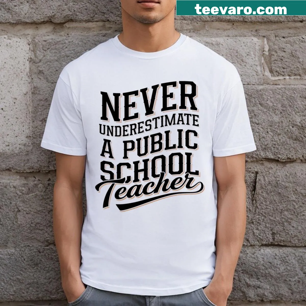 Funny teacher T-shirt highlighting the quote about public school teachers — on a men's t-shirt