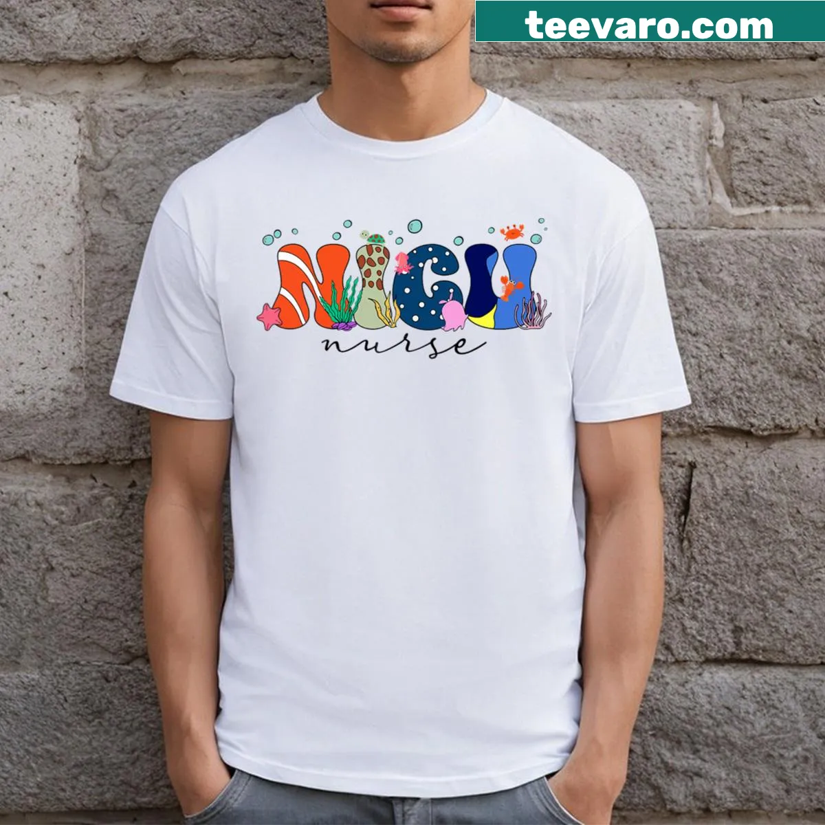 NICU-themed t-shirt with the phrase 'Nicu Nurrse' in playful typography — on a men's t-shirt