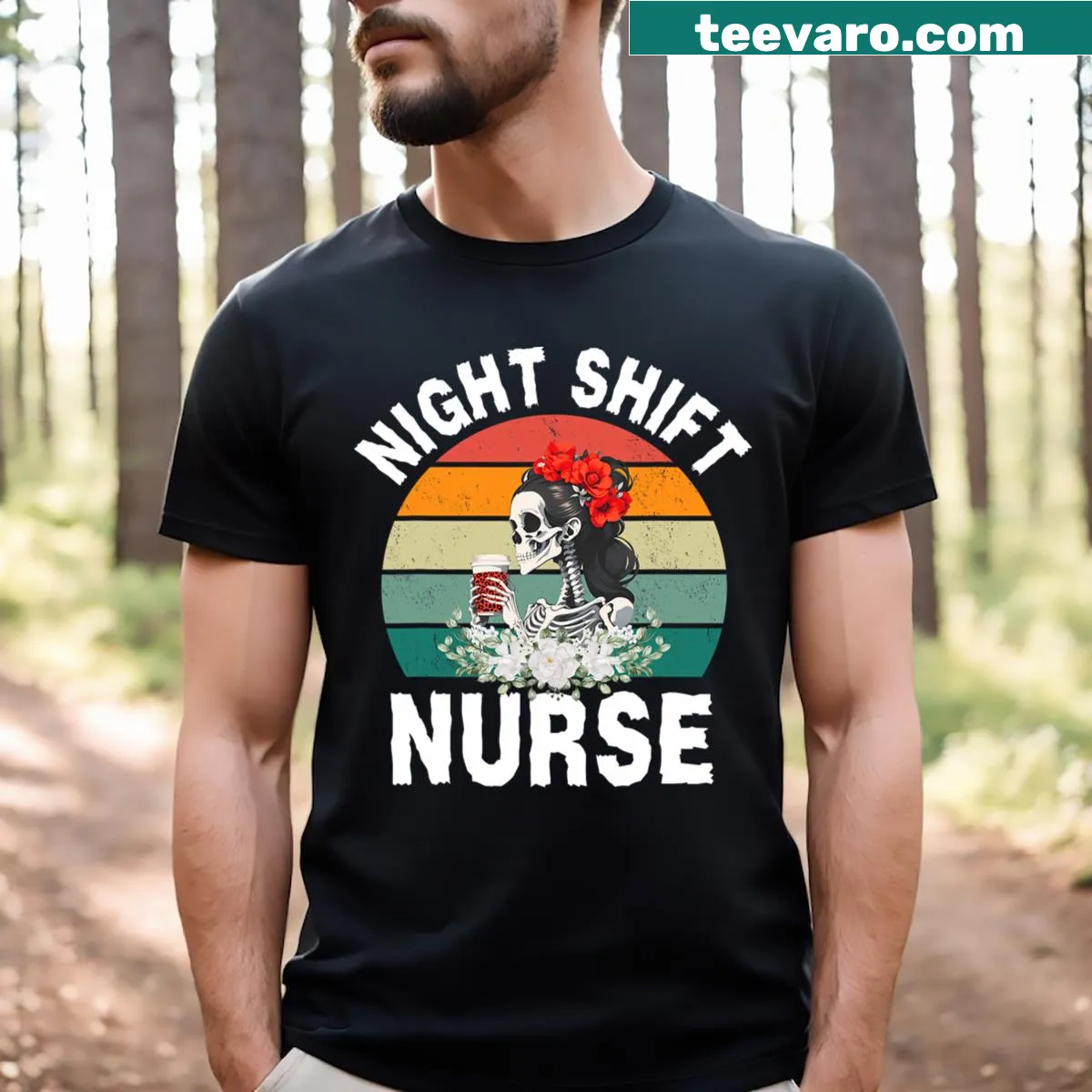 Cartoon skeleton nurse T-shirt for Halloween with funny design — on a men's t-shirt