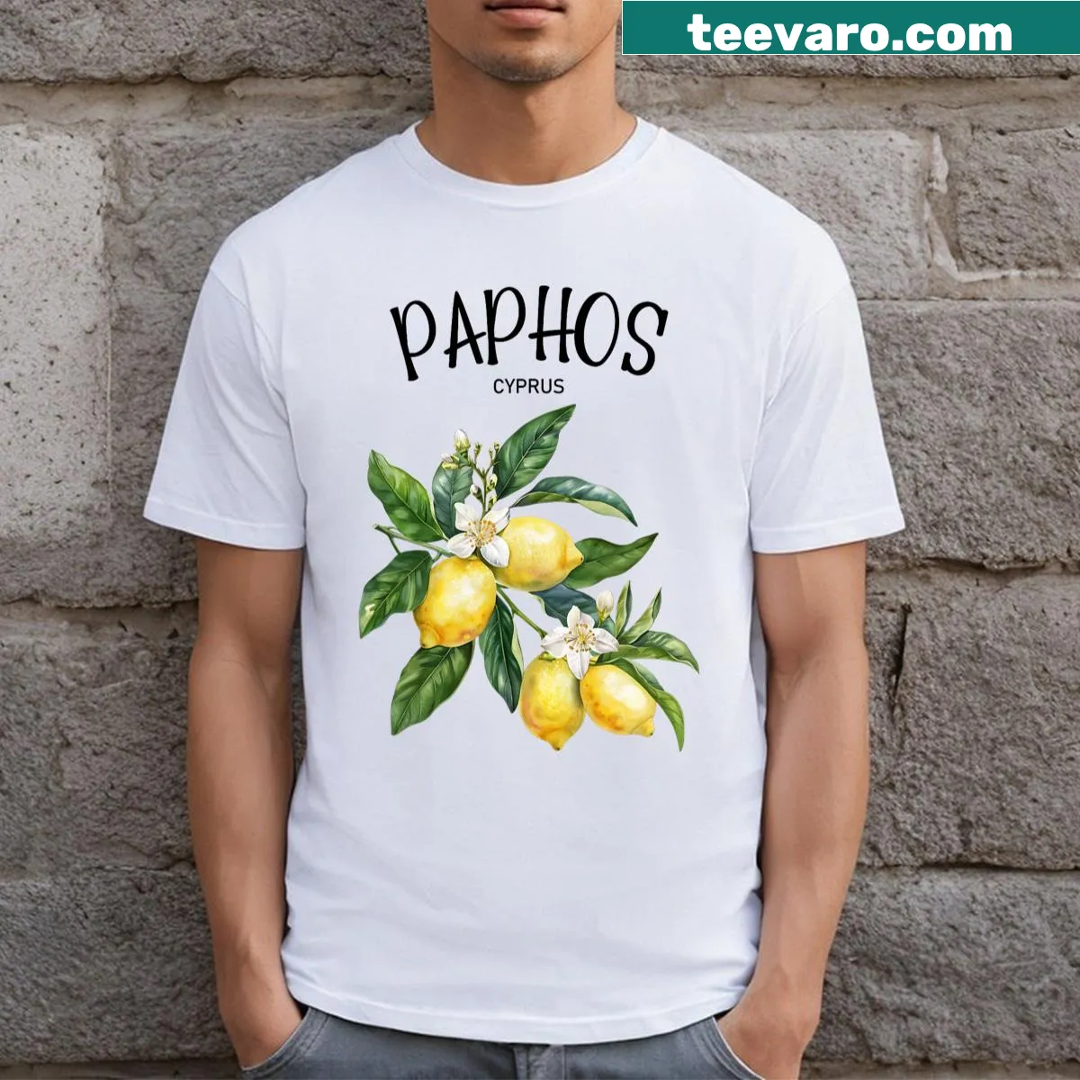 Vintage-style graphic of lemons and Cyprus art on a T-shirt — on a men's t-shirt