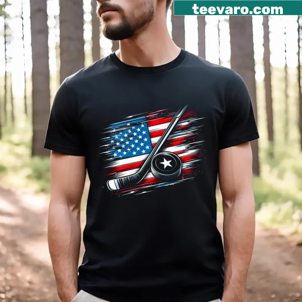 Patriotic ice hockey t-shirt for Independence Day with playful graphics